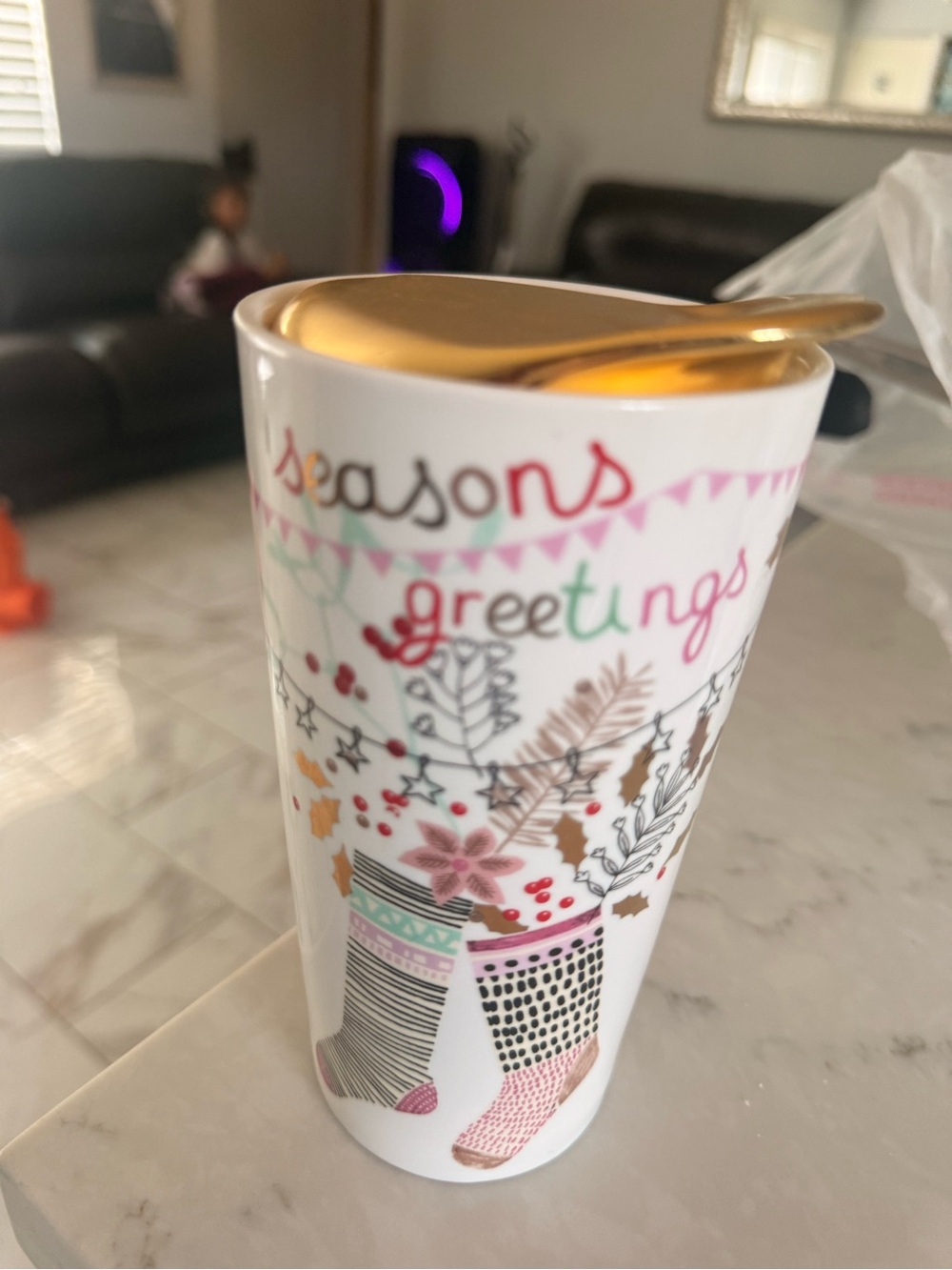 Seasons Greetings Ceramic Travel Mug with Gold Lid